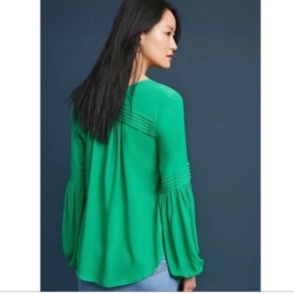 Maeve small kelly green long balloon sleeve blouse Anthropologie ceresco viscose - Picture 2 of 5